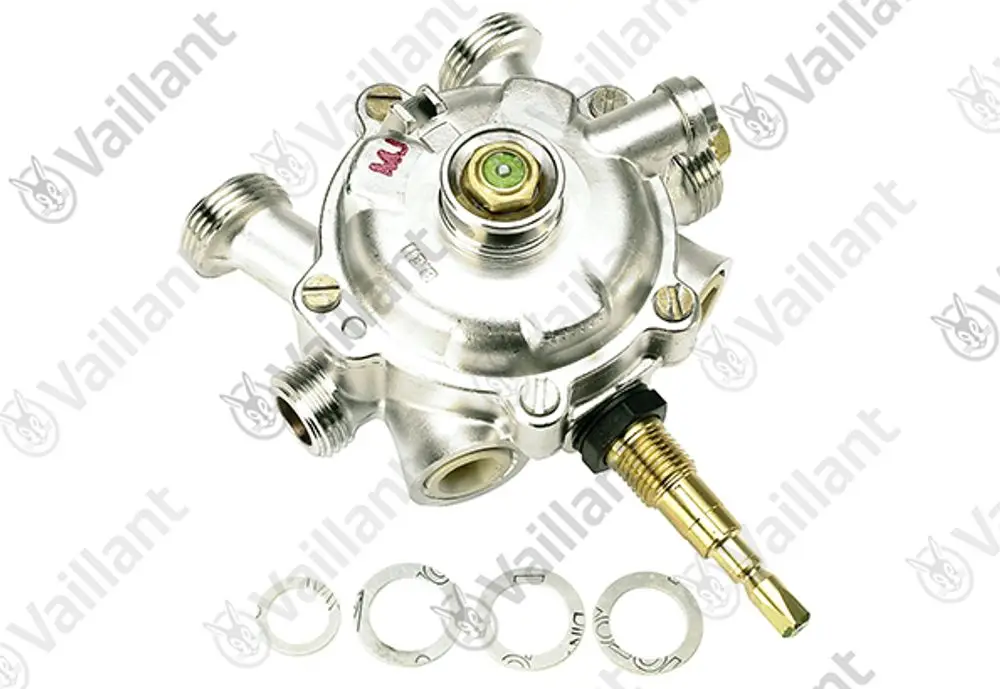 Vaillant Wasserschalter mit mehreren Anschlüssen und einer zentralen Schraube, inklusive drei Unterlegscheiben im Lieferumfang.
